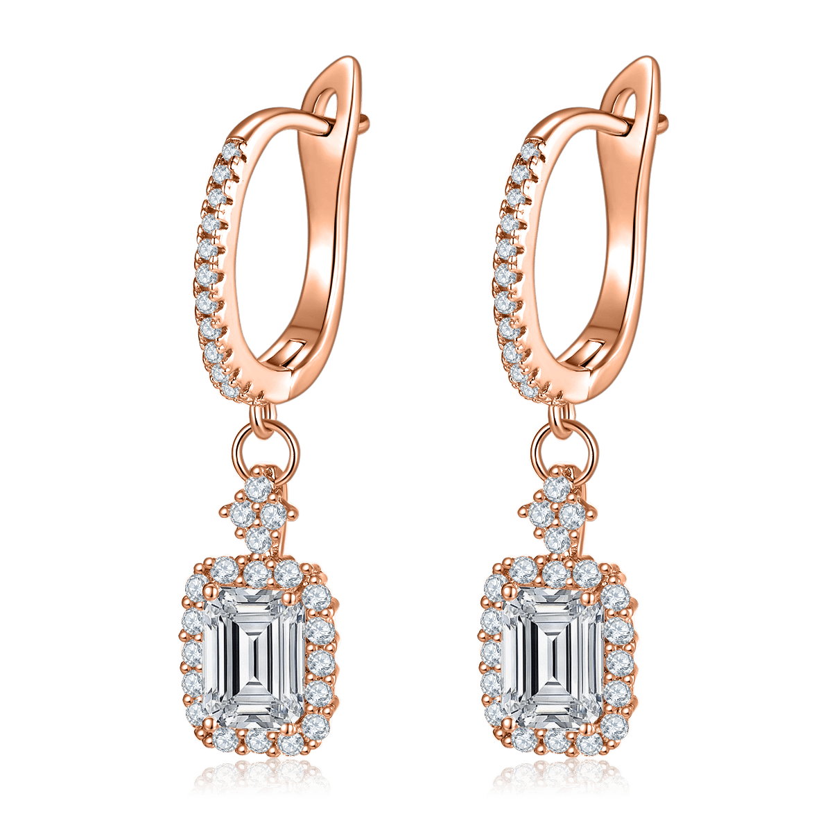 Emerald-Cut Moissanite Halo Drop Earrings - 2ct DEW - Image 2