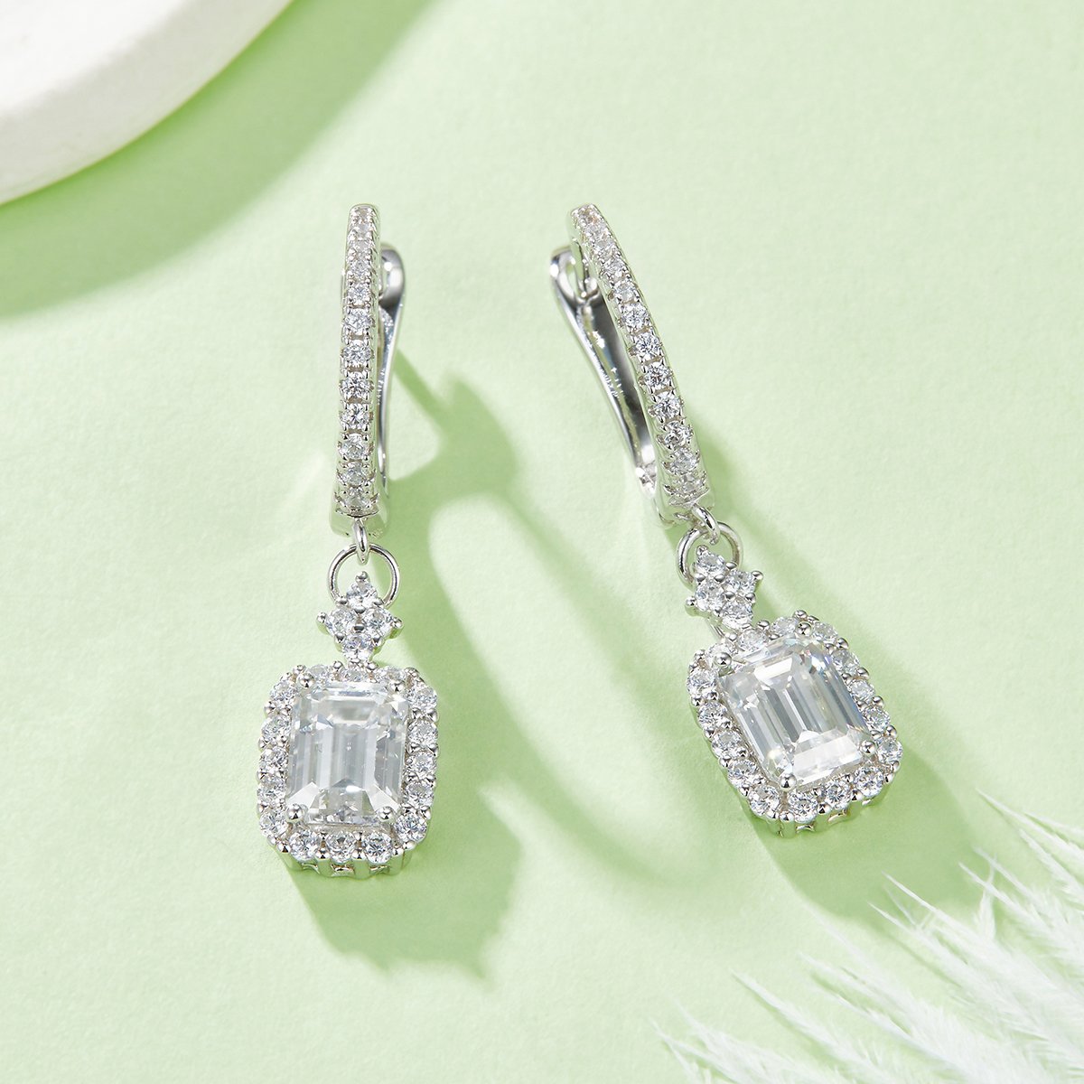 Emerald-Cut Moissanite Halo Drop Earrings - 2ct DEW - Image 3