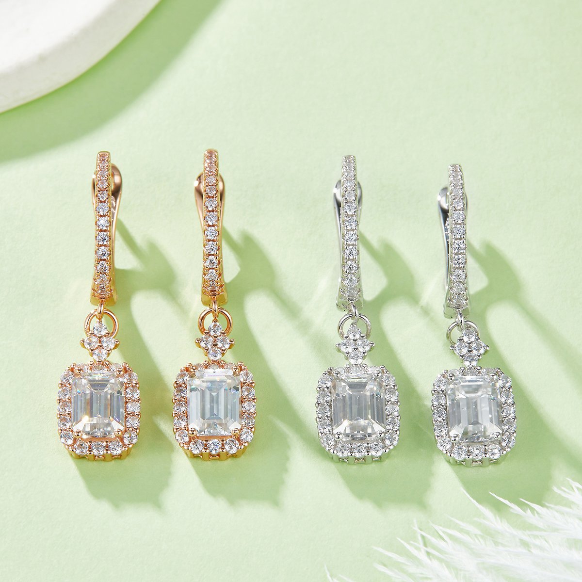 Emerald-Cut Moissanite Halo Drop Earrings - 2ct DEW - Image 5