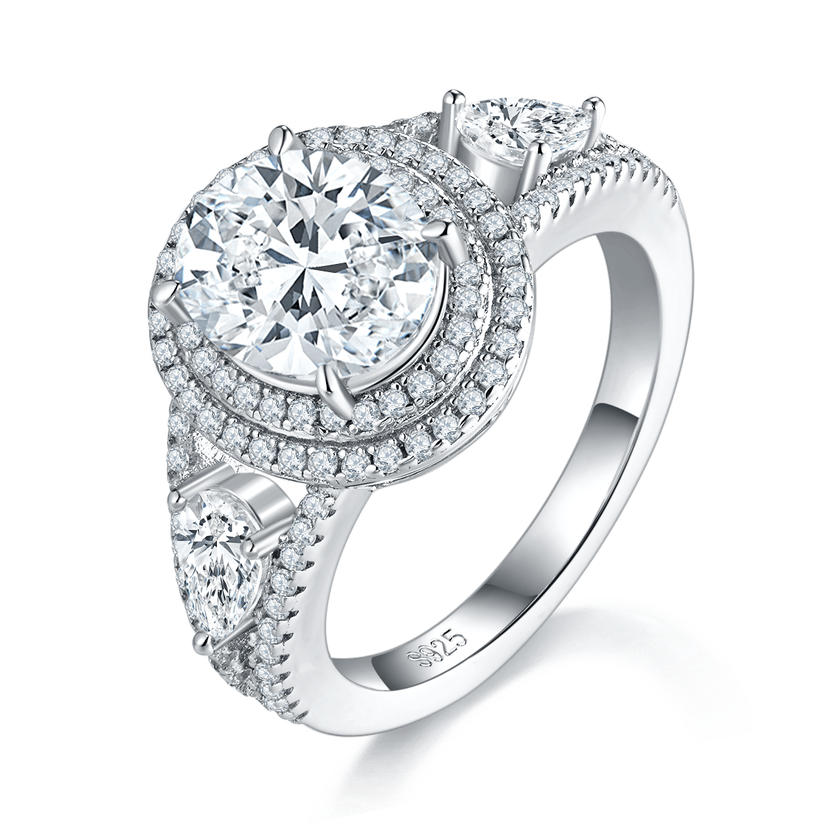 Oval Moissanite Double-Halo Three-Stone Ring | 3ct DEW Pear Accents