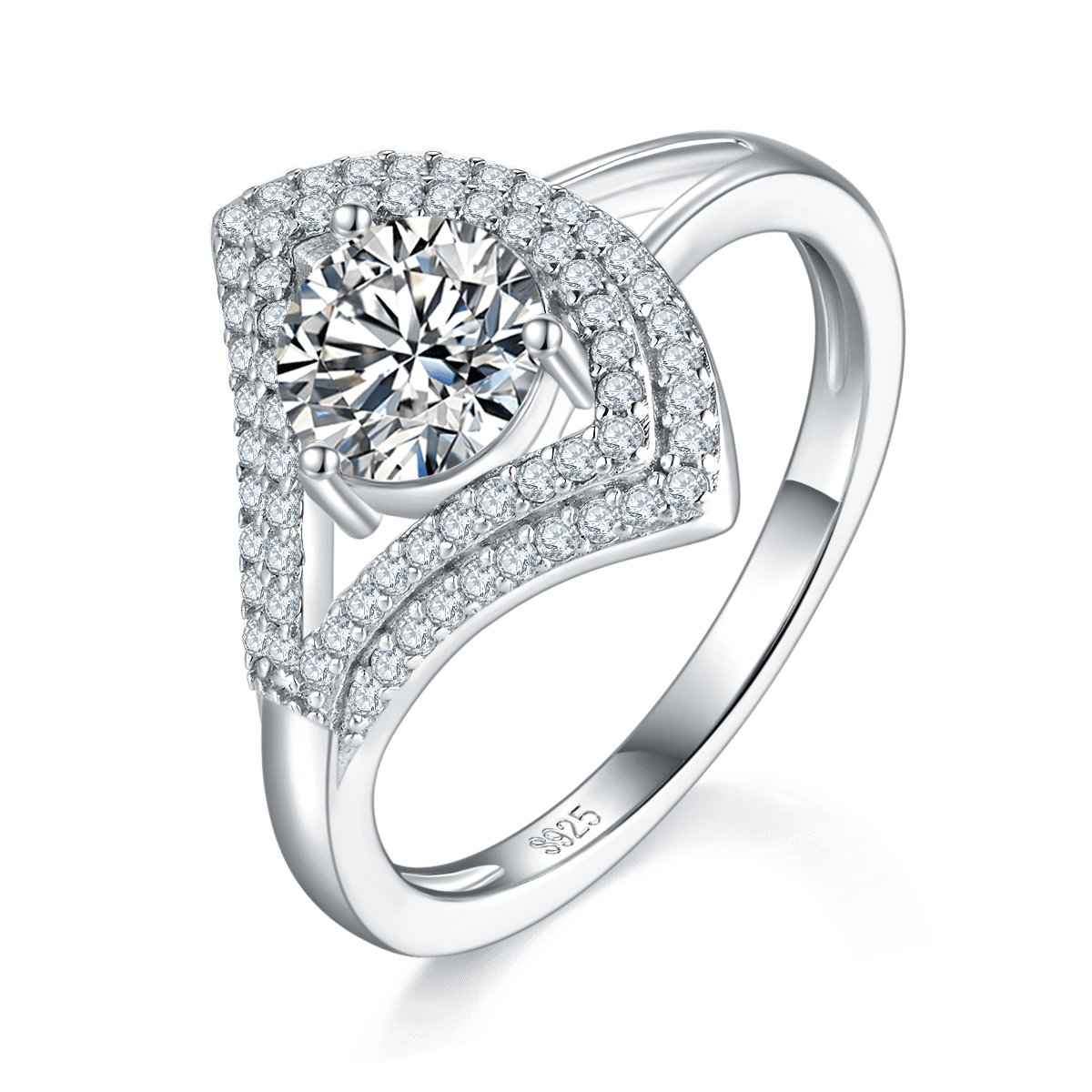 Moissanite Navette Double-Halo Split-Shank Ring