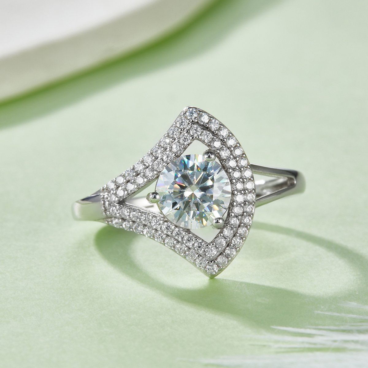 Moissanite Navette Double-Halo Split-Shank Ring - Image 2