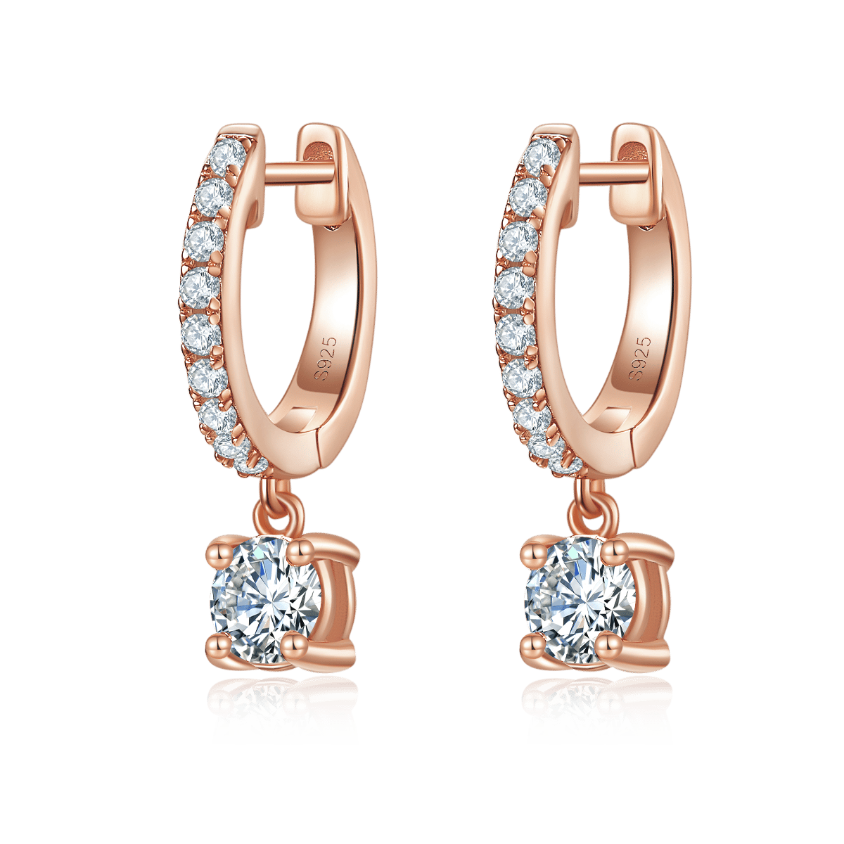 Four-Prong Drop Moissanite Huggie Earrings | Pavé Hoop, 5mm Round Drop - Image 2
