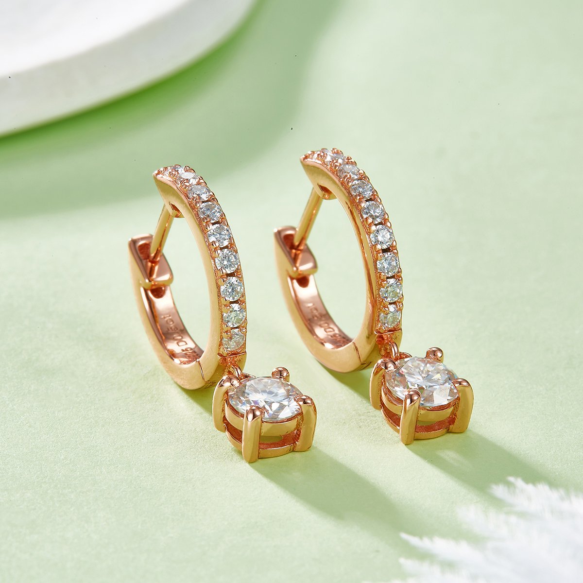 Four-Prong Drop Moissanite Huggie Earrings | Pavé Hoop, 5mm Round Drop - Image 5