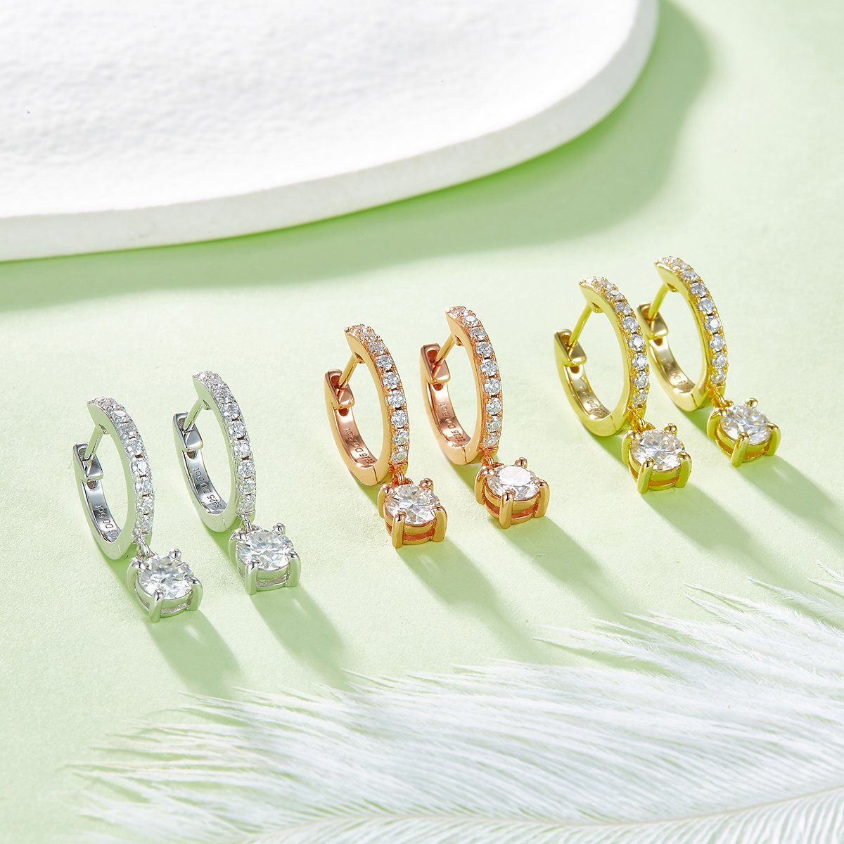 Four-Prong Drop Moissanite Huggie Earrings | Pavé Hoop, 5mm Round Drop - Image 7