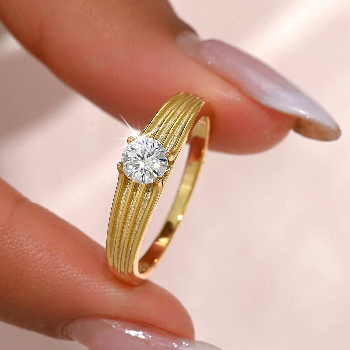 Round Moissanite Fluted-Band Solitaire Ring | 0.5ct DEW Yellow Gold - Image 3