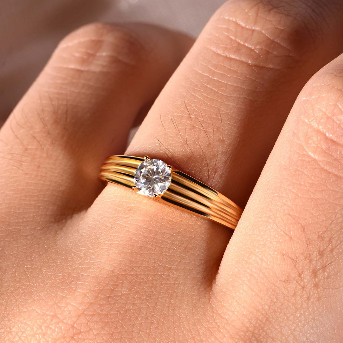 Round Moissanite Fluted-Band Solitaire Ring | 0.5ct DEW Yellow Gold - Image 4