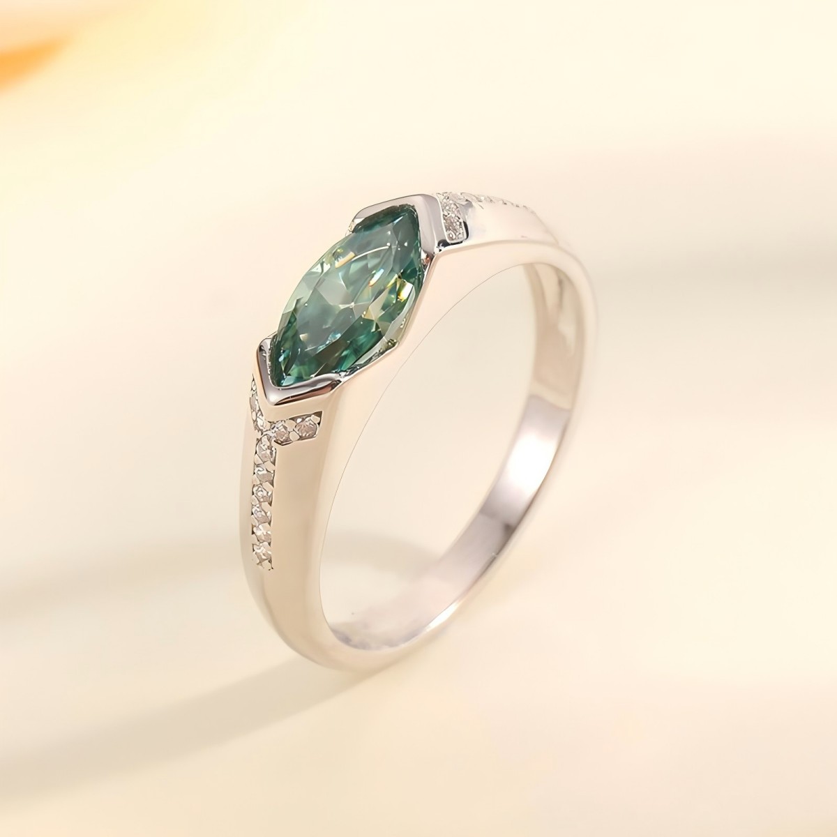 Green Marquise East-West Moissanite Ring | Sleek Half-Bezel Solitaire - Image 2