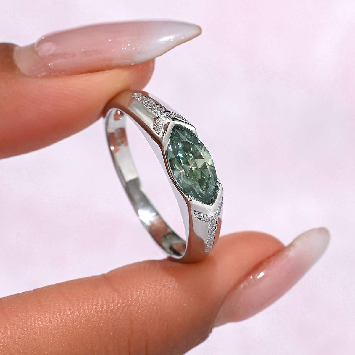 Green Marquise East-West Moissanite Ring | Sleek Half-Bezel Solitaire - Image 3