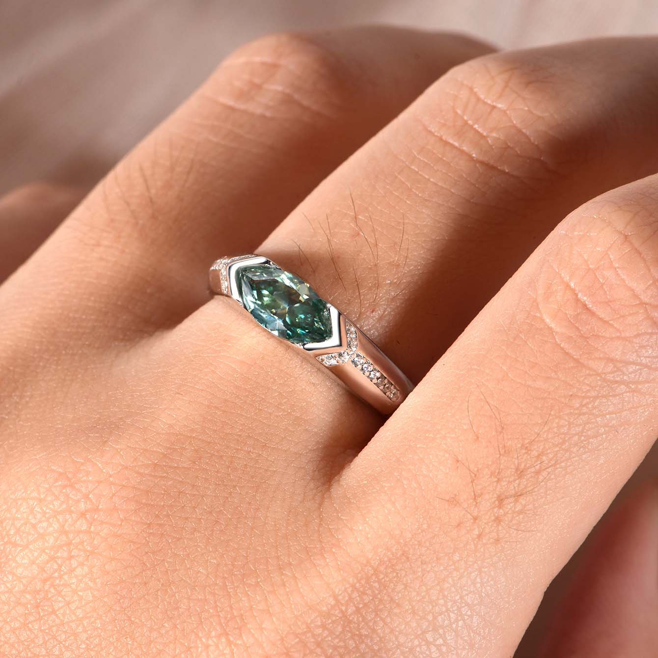 Green Marquise East-West Moissanite Ring | Sleek Half-Bezel Solitaire - Image 4