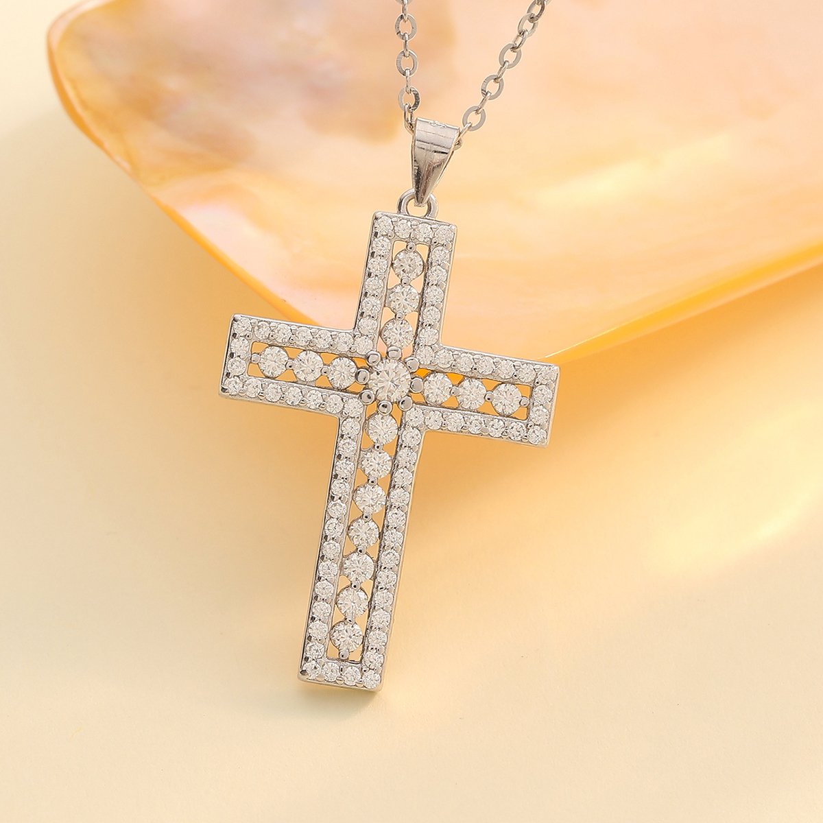 Pavé Moissanite Cross Pendant Necklace | 925 Sterling Silver | White Gold Plated - Image 3