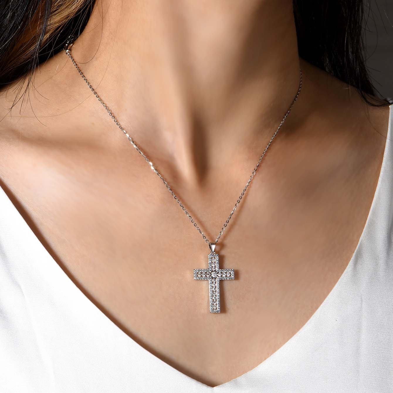Pavé Moissanite Cross Pendant Necklace | 925 Sterling Silver | White Gold Plated - Image 4
