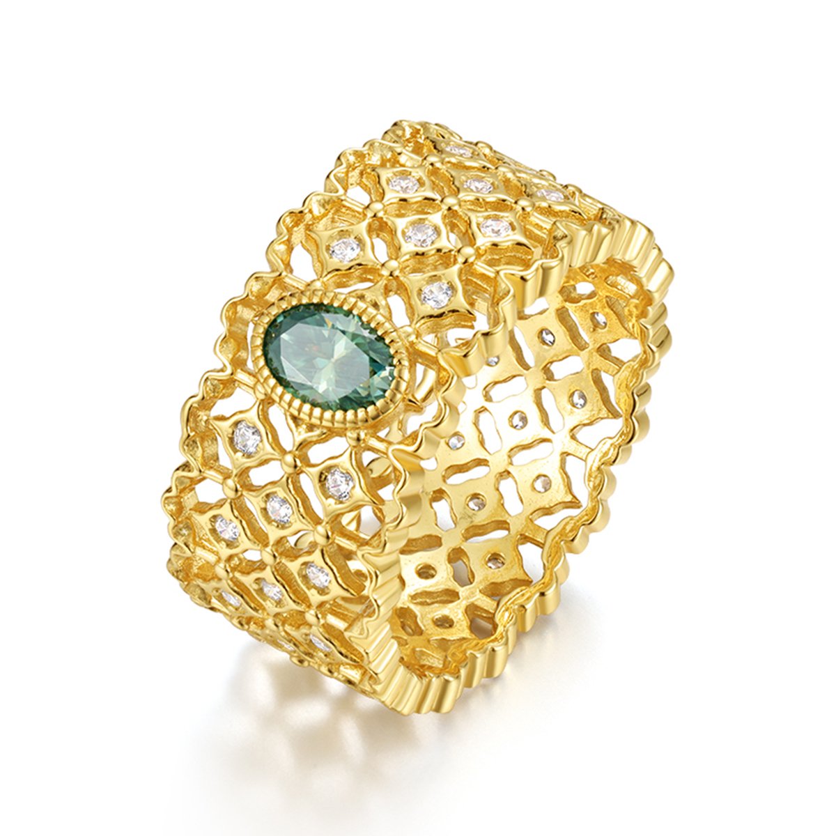Green Oval Moissanite Gold Lace Band Ring