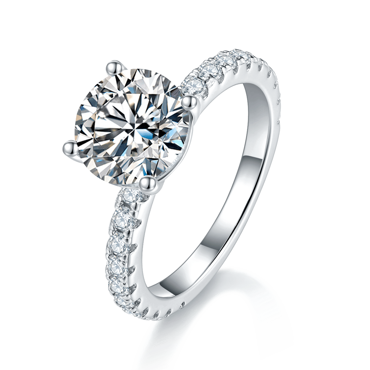 Round Moissanite Pavé Solitaire Ring – 2ct DEW (8mm), Pavé Shoulders
