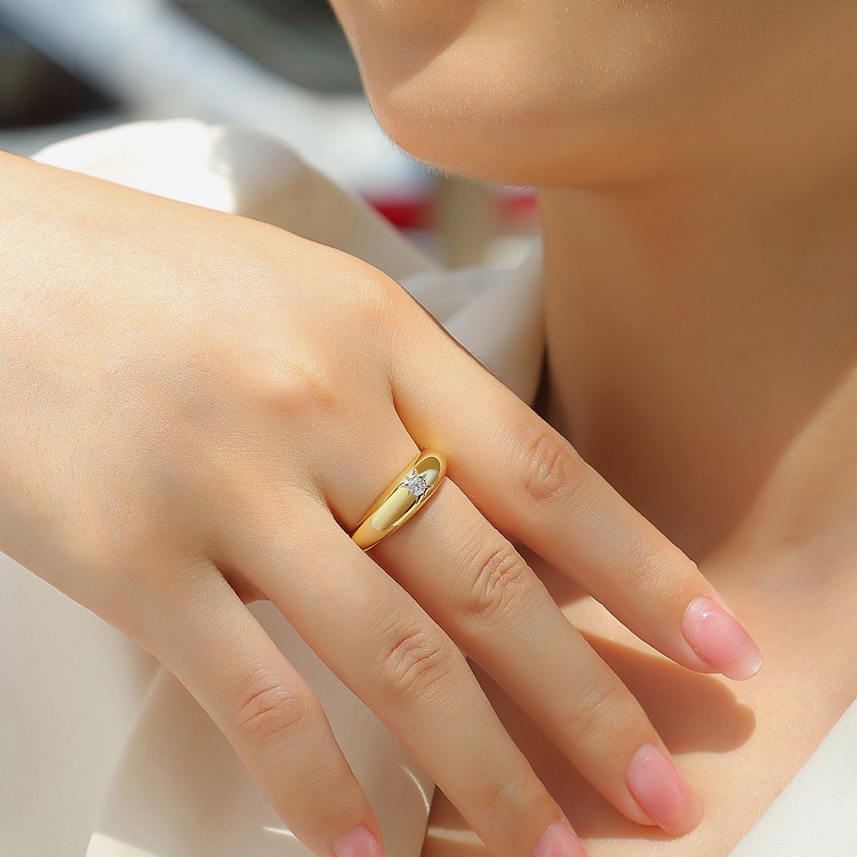 Star-Set Round Moissanite Dome Ring in 18K Yellow Gold - Image 7