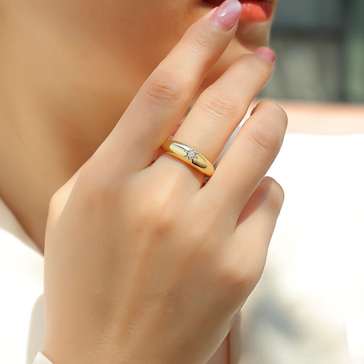 Star-Set Round Moissanite Dome Ring in 18K Yellow Gold - Image 8