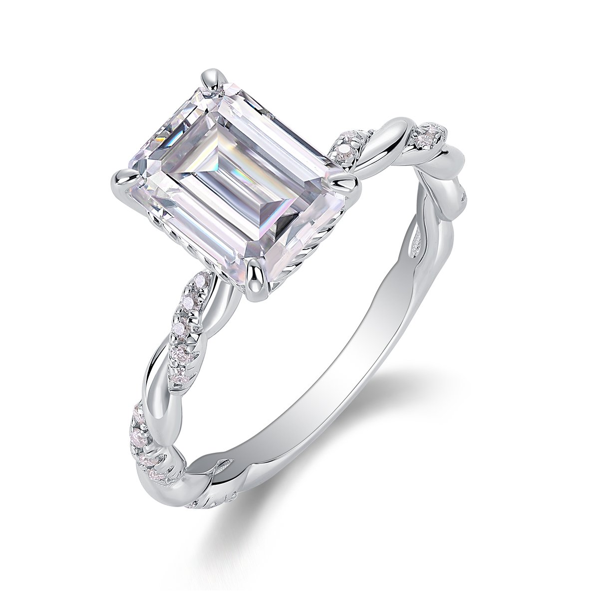 3ct Emerald-Cut Moissanite Twist-Band Solitaire Ring | 925 Silver White Plating