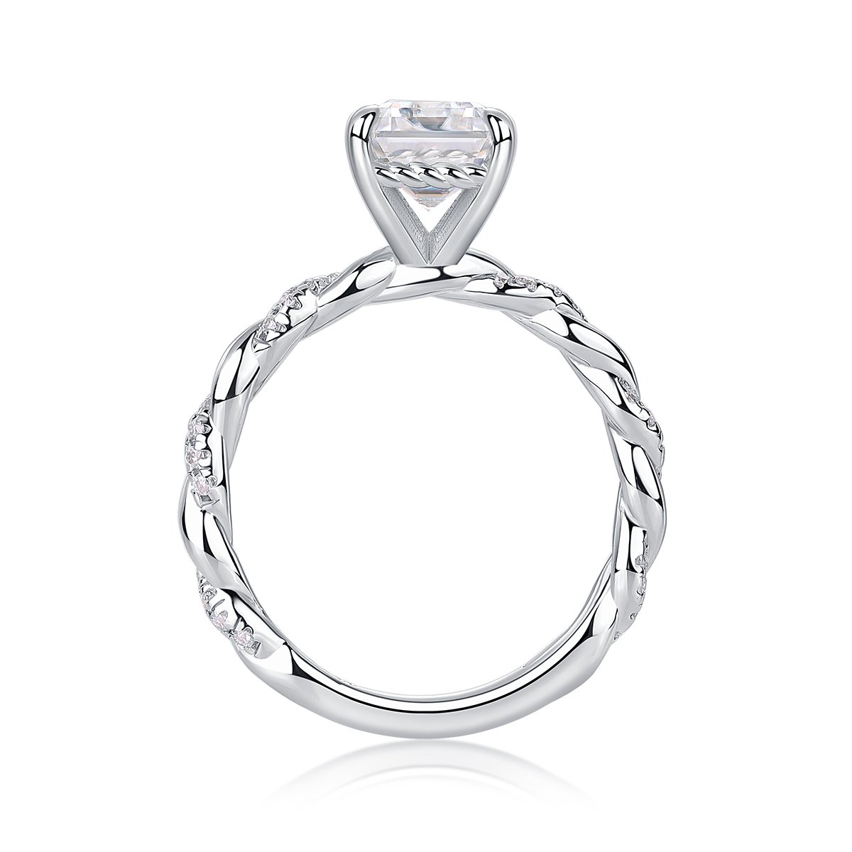 3ct Emerald-Cut Moissanite Twist-Band Solitaire Ring | 925 Silver White Plating - Image 2