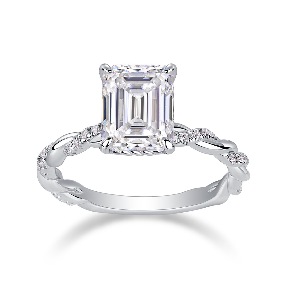 3ct Emerald-Cut Moissanite Twist-Band Solitaire Ring | 925 Silver White Plating - Image 3