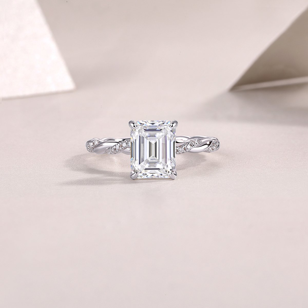 3ct Emerald-Cut Moissanite Twist-Band Solitaire Ring | 925 Silver White Plating - Image 4