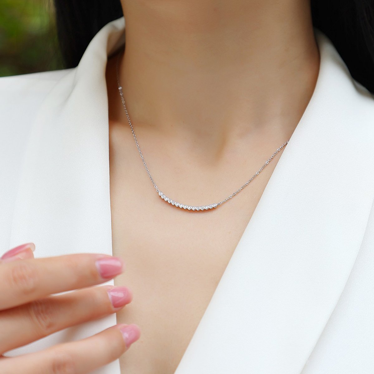 Graduated Bezel Smile Bar Moissanite Necklace - Image 5