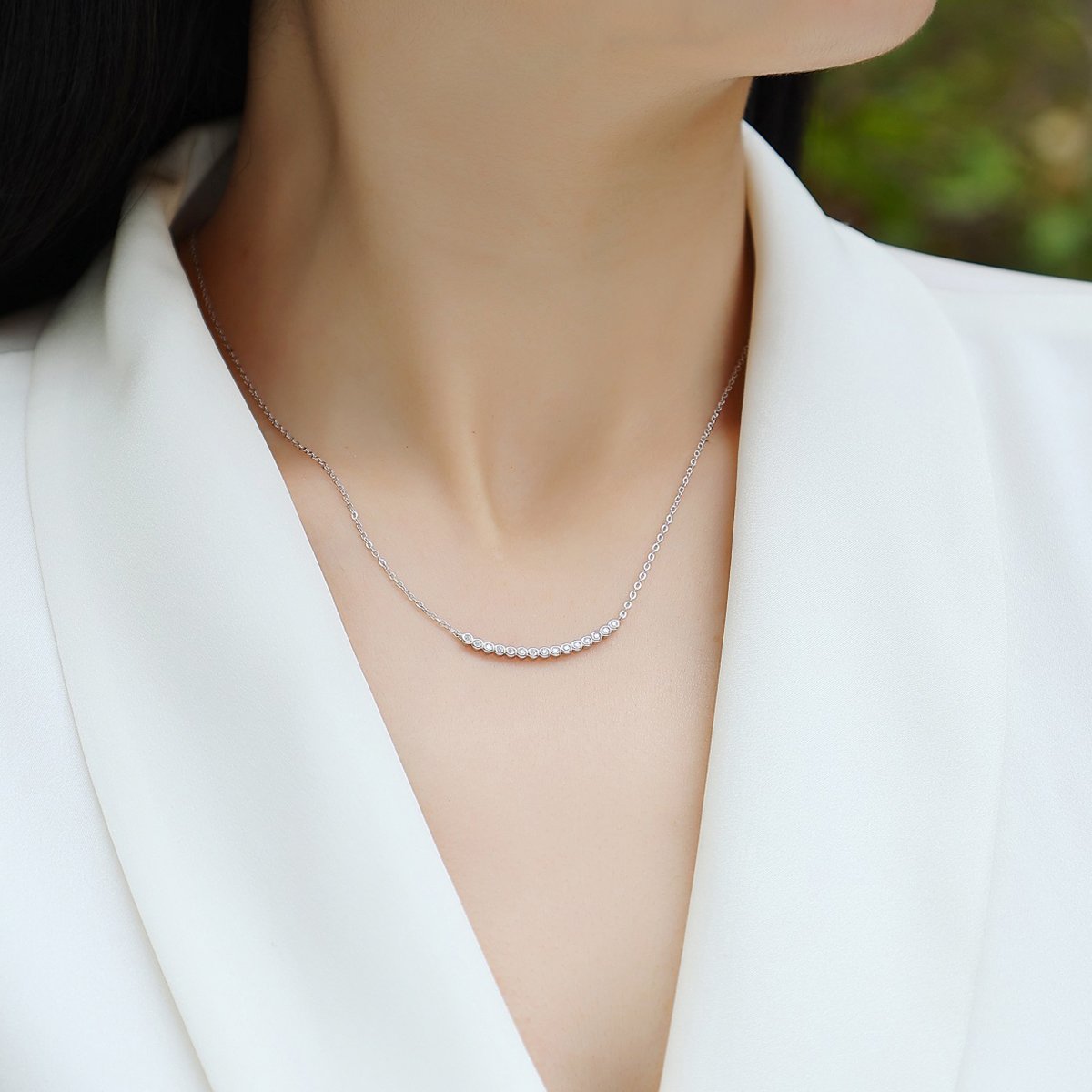 Graduated Bezel Smile Bar Moissanite Necklace - Image 6