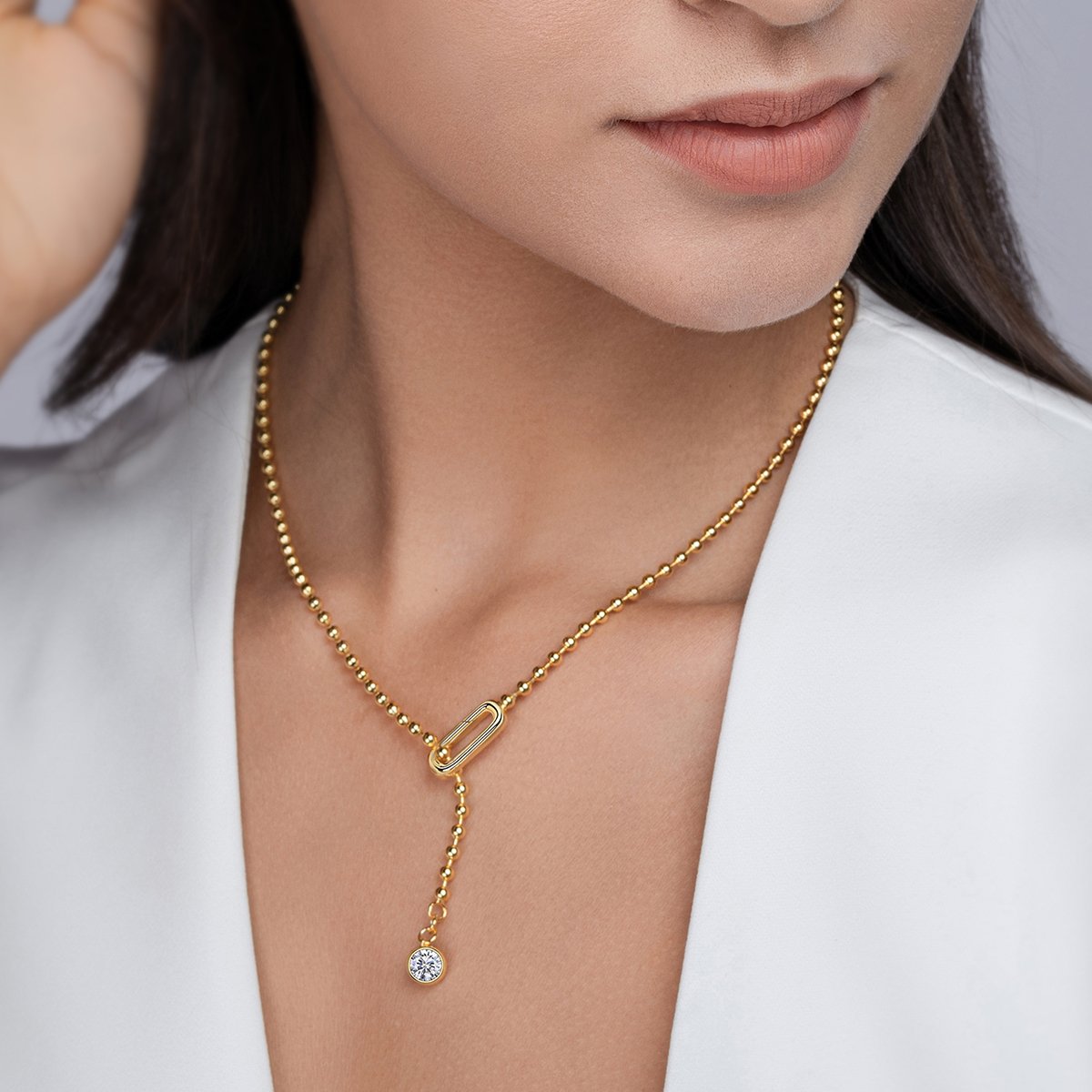 Beaded Lariat Moissanite Drop Y-Necklace | 1ct DEW | Yellow Gold over 925 Silver - Image 4
