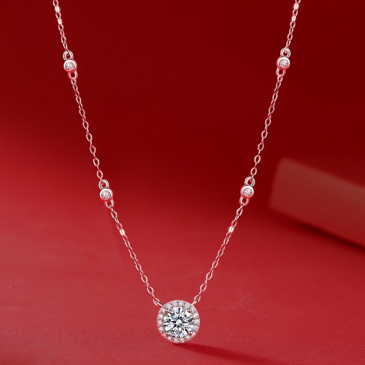 1ct Round Halo Moissanite Station Chain Necklace - Image 6