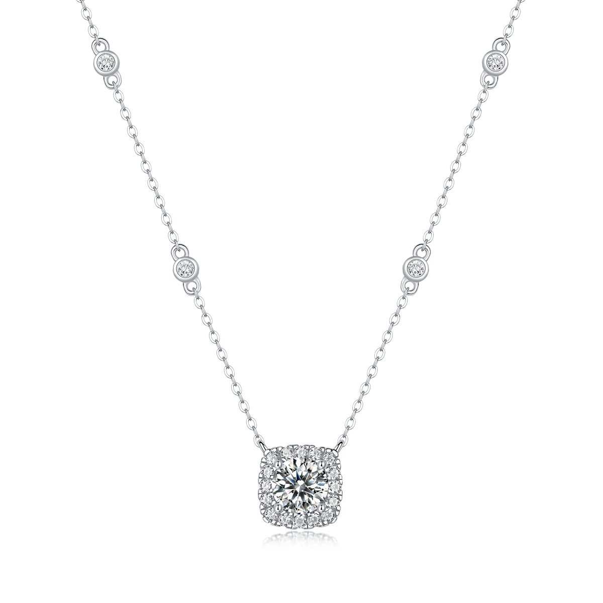 Cushion Halo Moissanite Pendant Station Necklace | 1.0 DEW Round Center