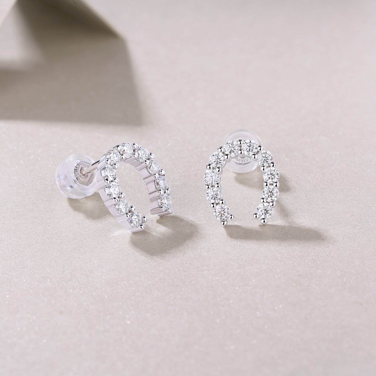 Horseshoe Moissanite Stud Earrings – 925 Silver 18K White Gold - Image 3