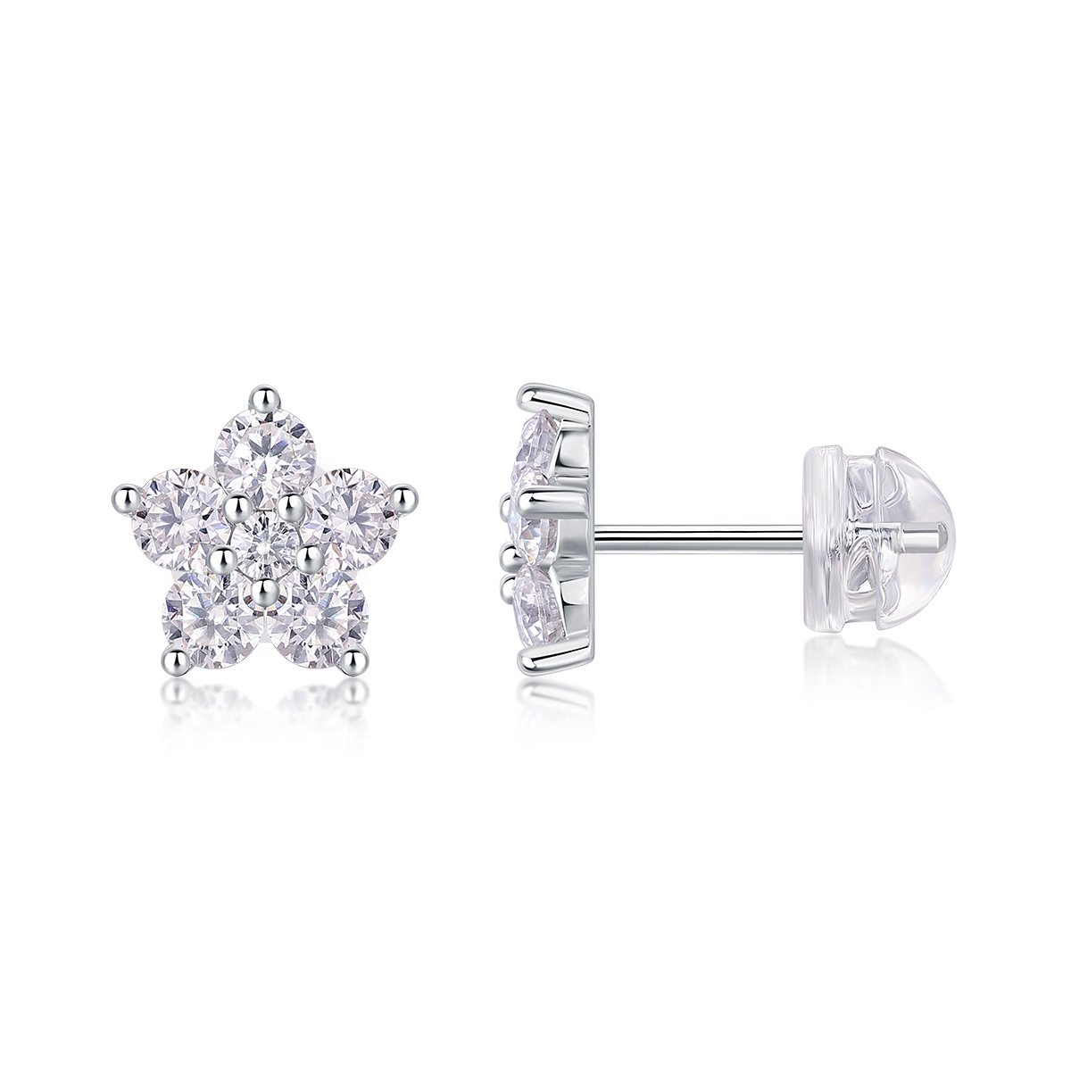 Five-Petal Flower Cluster Moissanite Stud Earrings | 18K White Gold-Plated 925 Silver - alternate view