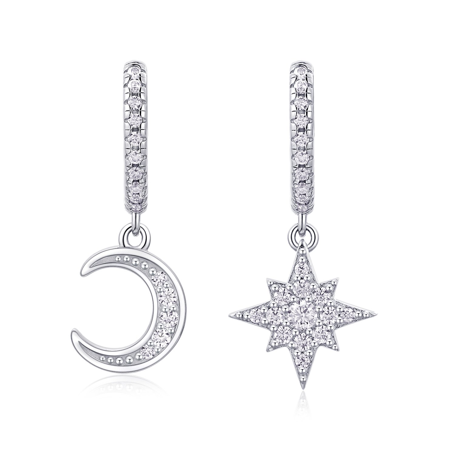 Star and Moon Pavé Moissanite Huggie Drop Earrings | Mismatched Celestial Set