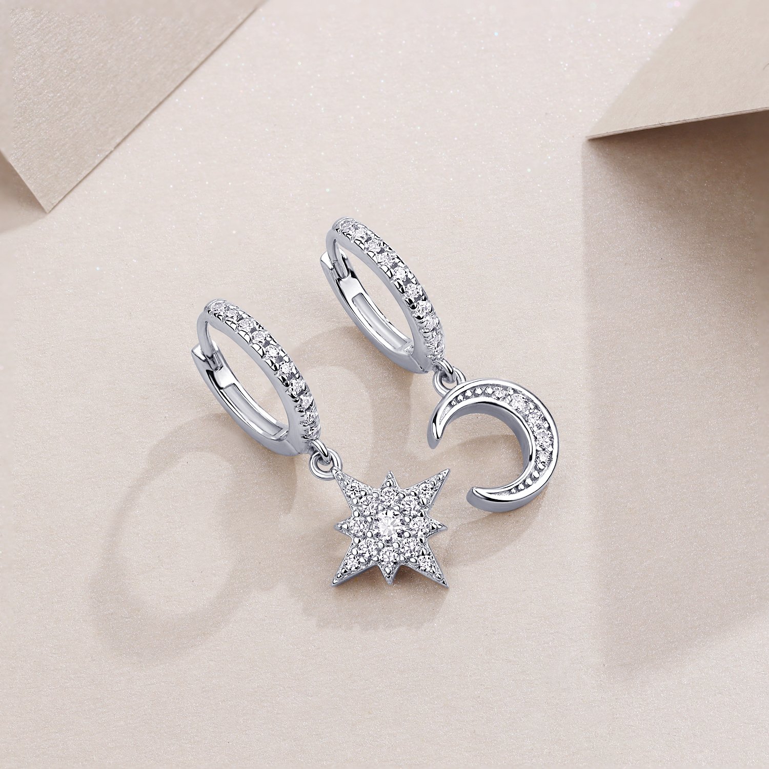 Star and Moon Pavé Moissanite Huggie Drop Earrings | Mismatched Celestial Set - Image 3