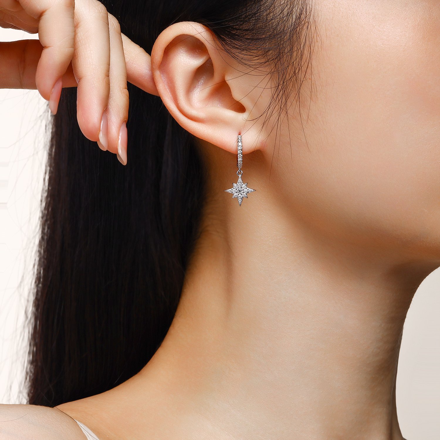 Star and Moon Pavé Moissanite Huggie Drop Earrings | Mismatched Celestial Set - Image 5
