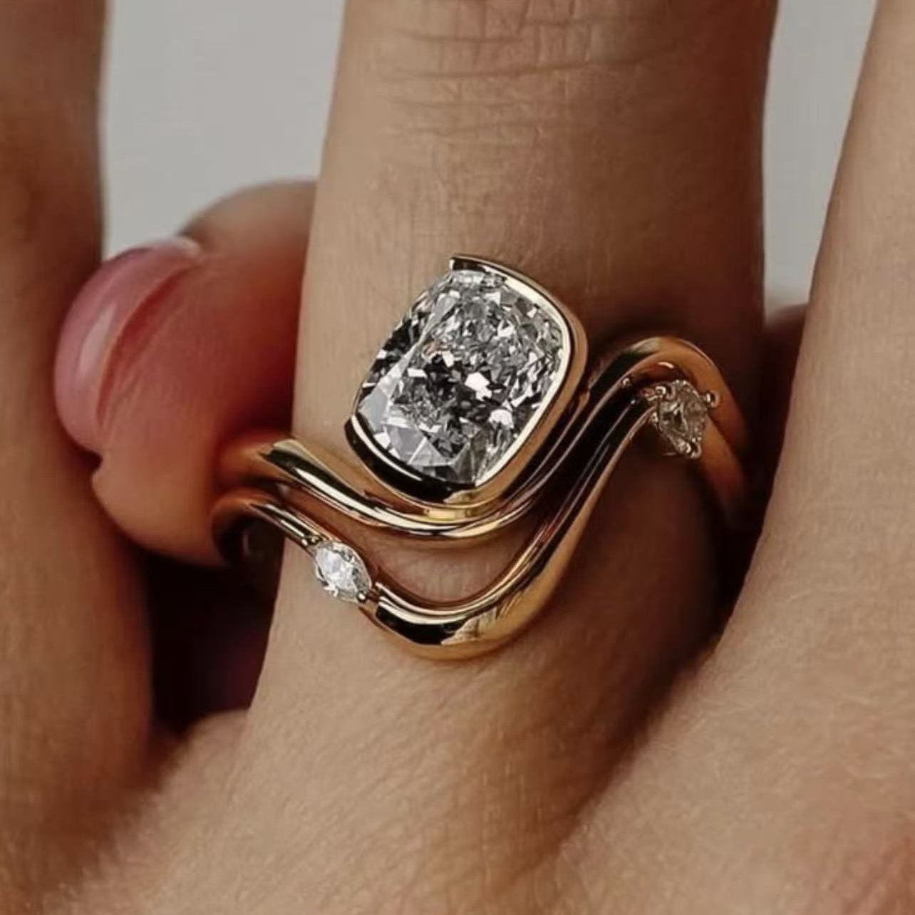Elongated Cushion Moissanite Wave Stacking Ring Set - Image 3