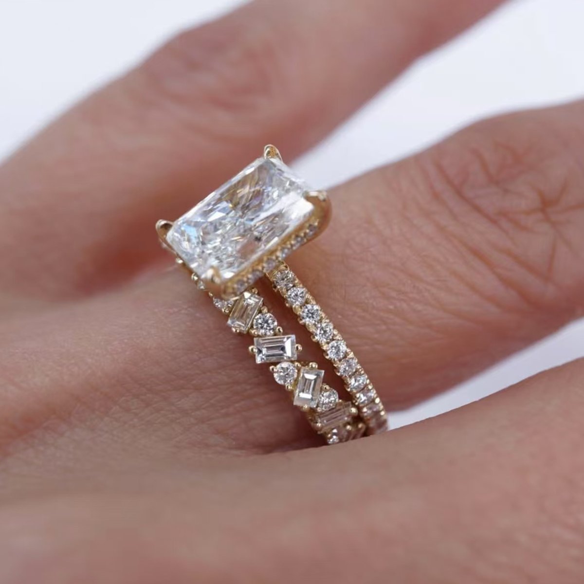 Radiant-Cut Moissanite Bridal Set in 18K Yellow Gold | 3ct Engagement Ring + Accent Band - Image 3