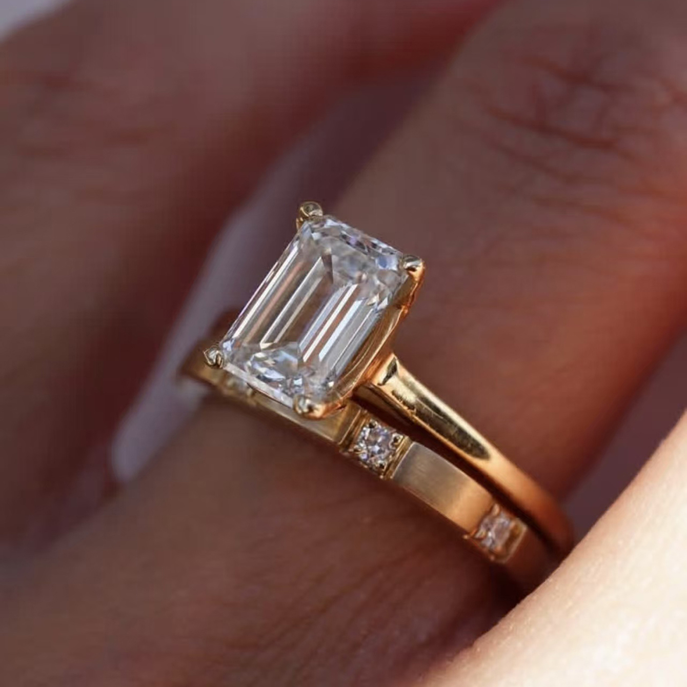Radiant-Cut Moissanite Solitaire & Flush-Set Band Ring Set - Image 2