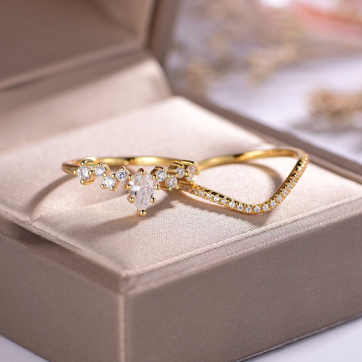 Dainty Pear-Cut Moissanite & Pave Stacking Ring Set in 18K Yellow Gold - Image 2