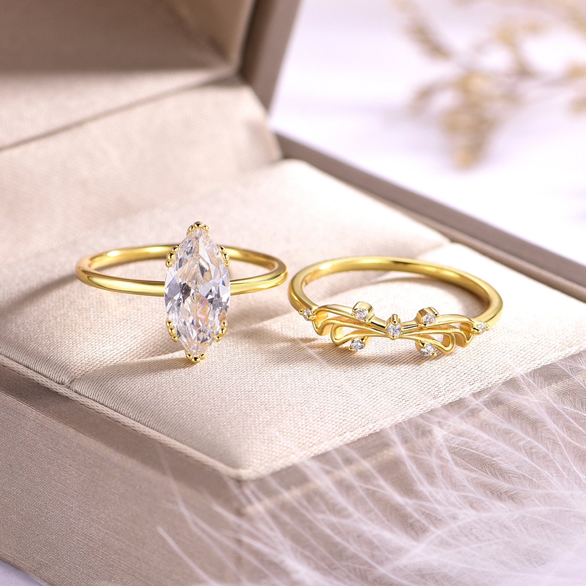 Marquise Moissanite Leaf & Vine Bridal Ring Set | 2.0ct DEW | Gold Over Silver - Image 2