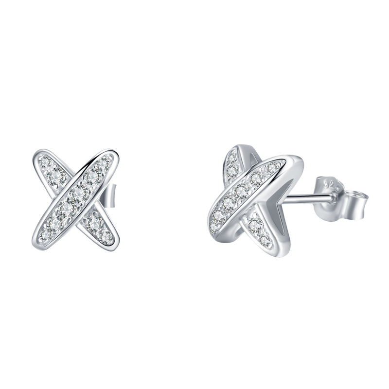 Moissanite Pave X-Cross Stud Earrings | 925 Silver White Gold Plated