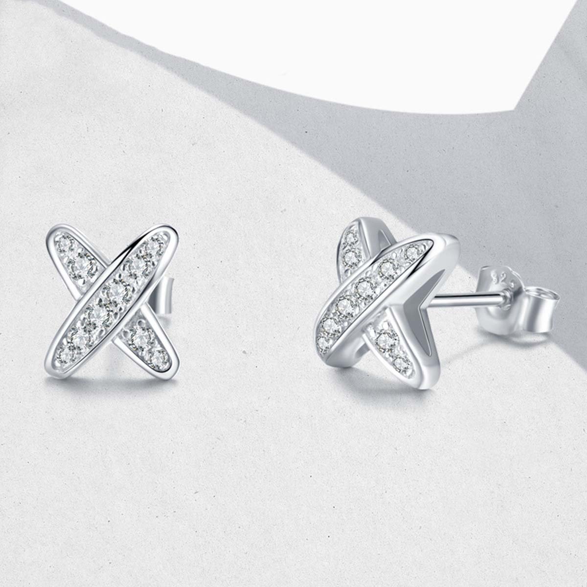 Moissanite Pave X-Cross Stud Earrings | 925 Silver White Gold Plated - Image 2