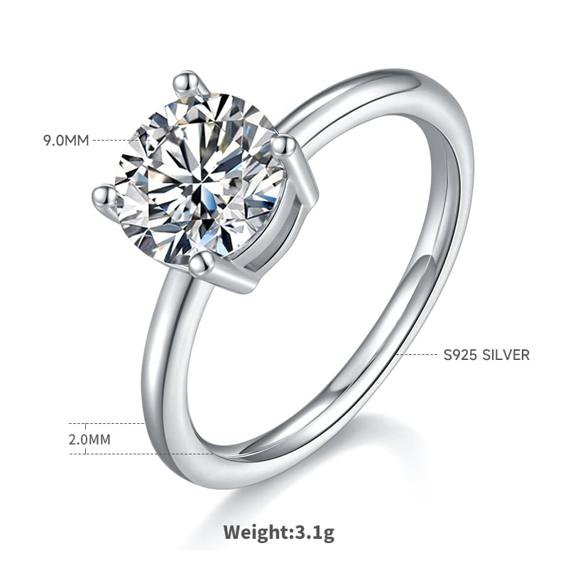 Round Brilliant 3ct Moissanite Solitaire Ring | 9mm DEW | White Gold Over 925 Silver