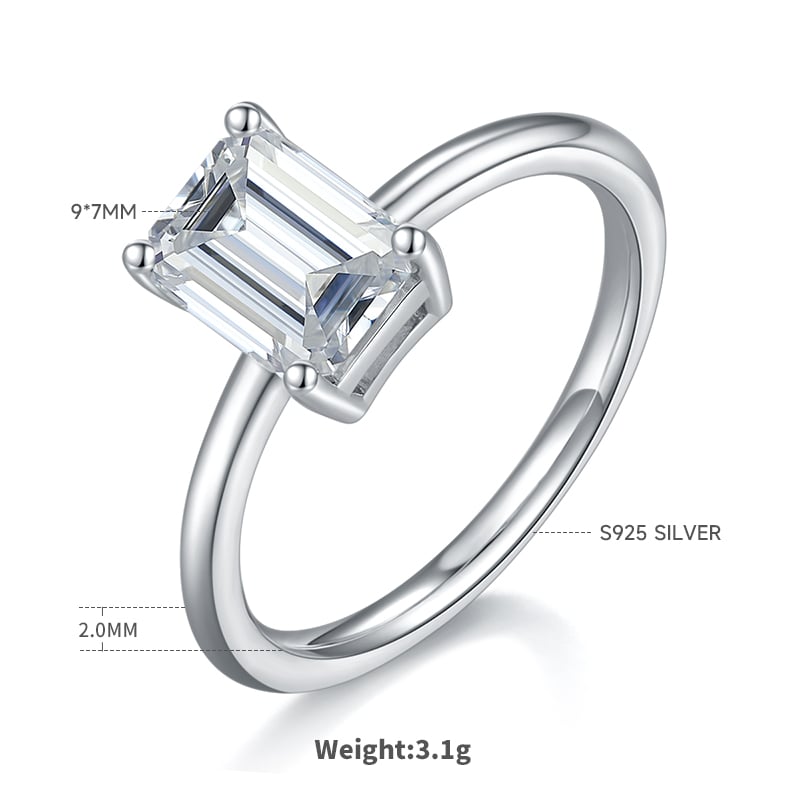Emerald-Cut 3ct Moissanite Solitaire Ring | White Gold over 925 Silver