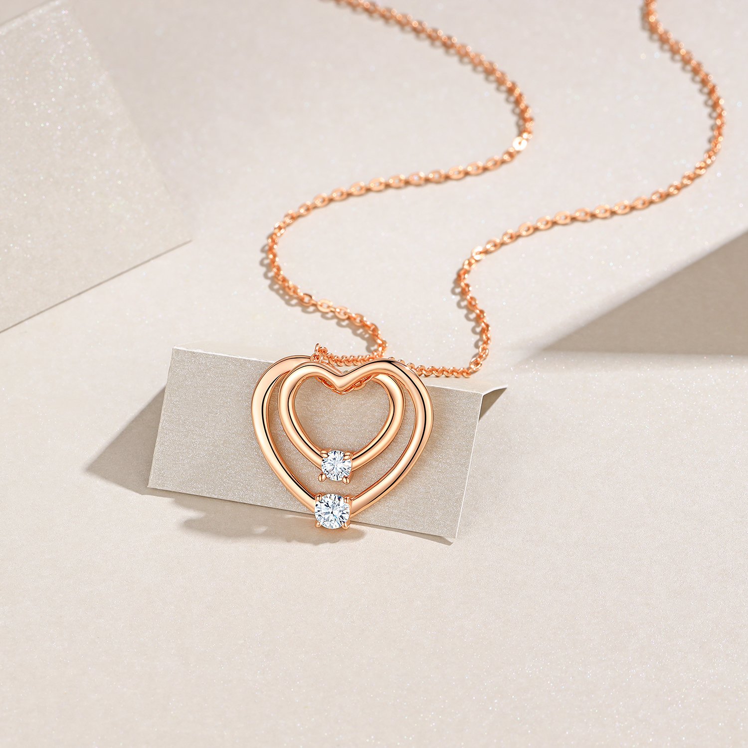 Moissanite Double Heart Necklace | Rose Gold Nested Open-Heart Pendant - Image 3
