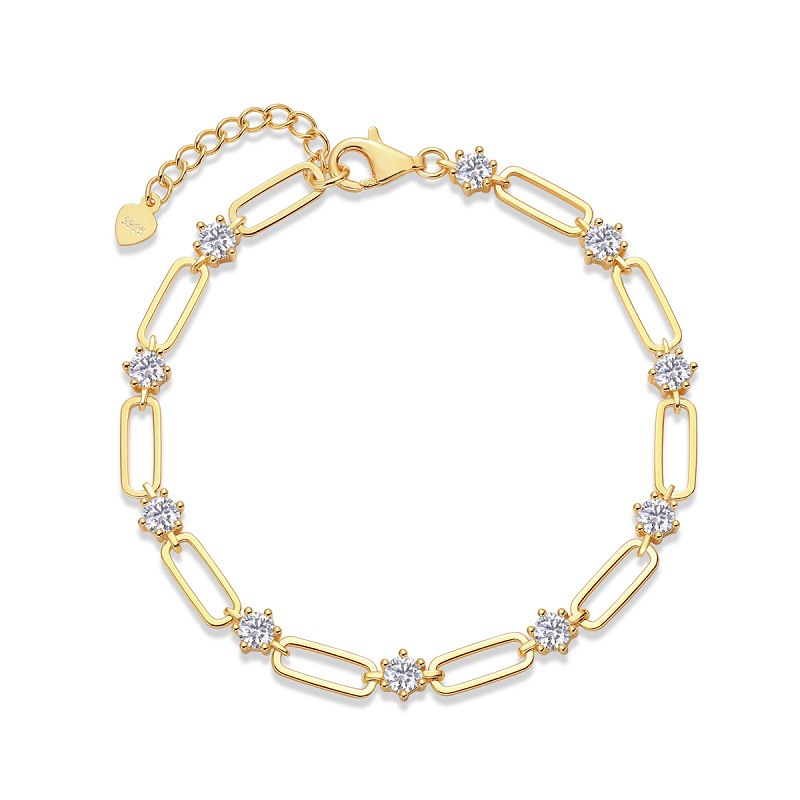 Yellow Gold Paperclip Link Moissanite Bracelet | 3.0 ct DEW Round | 925 Silver