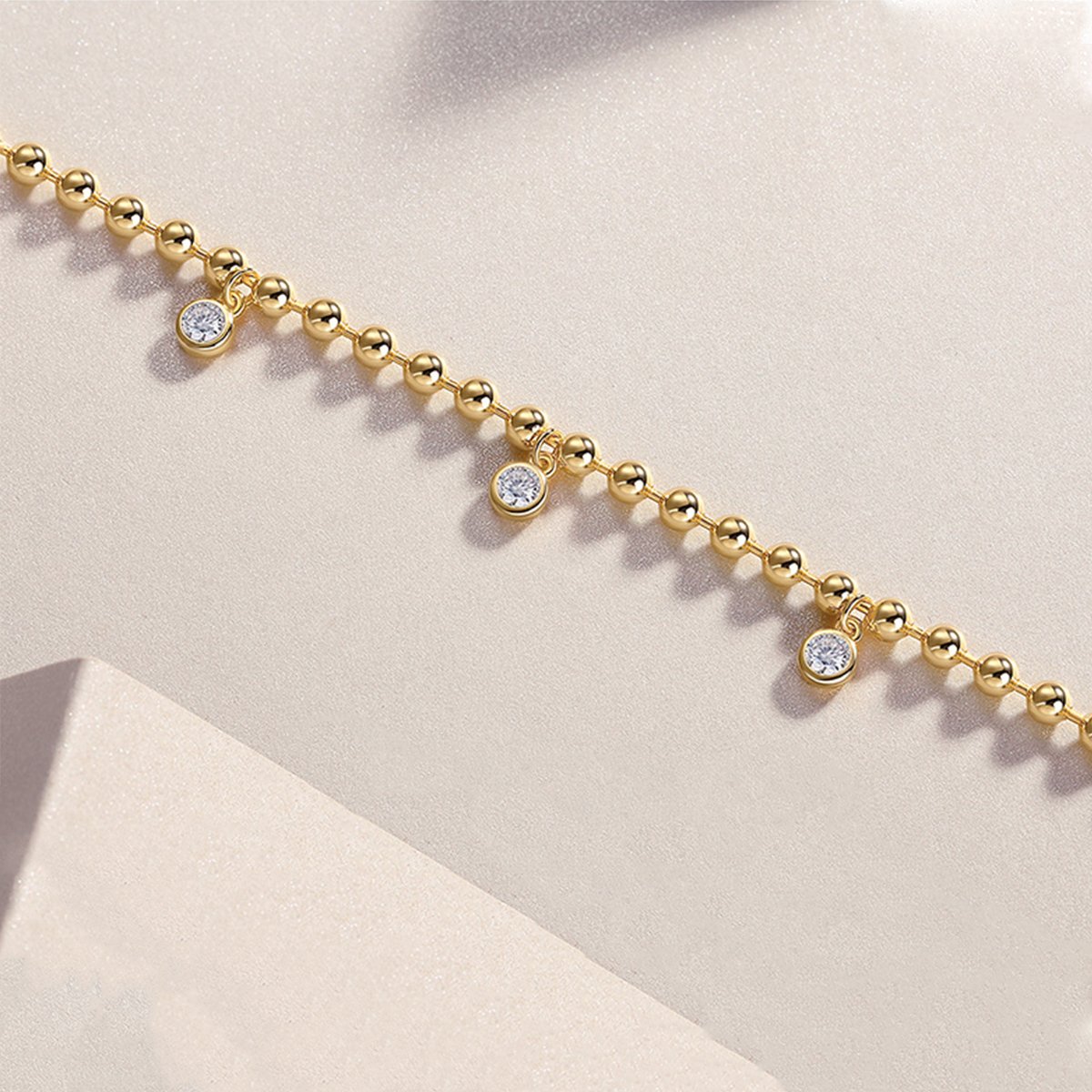 Gold Bead Moissanite Charm Bracelet | 5 Bezel-Set Round Drops | 925 Silver - Image 4