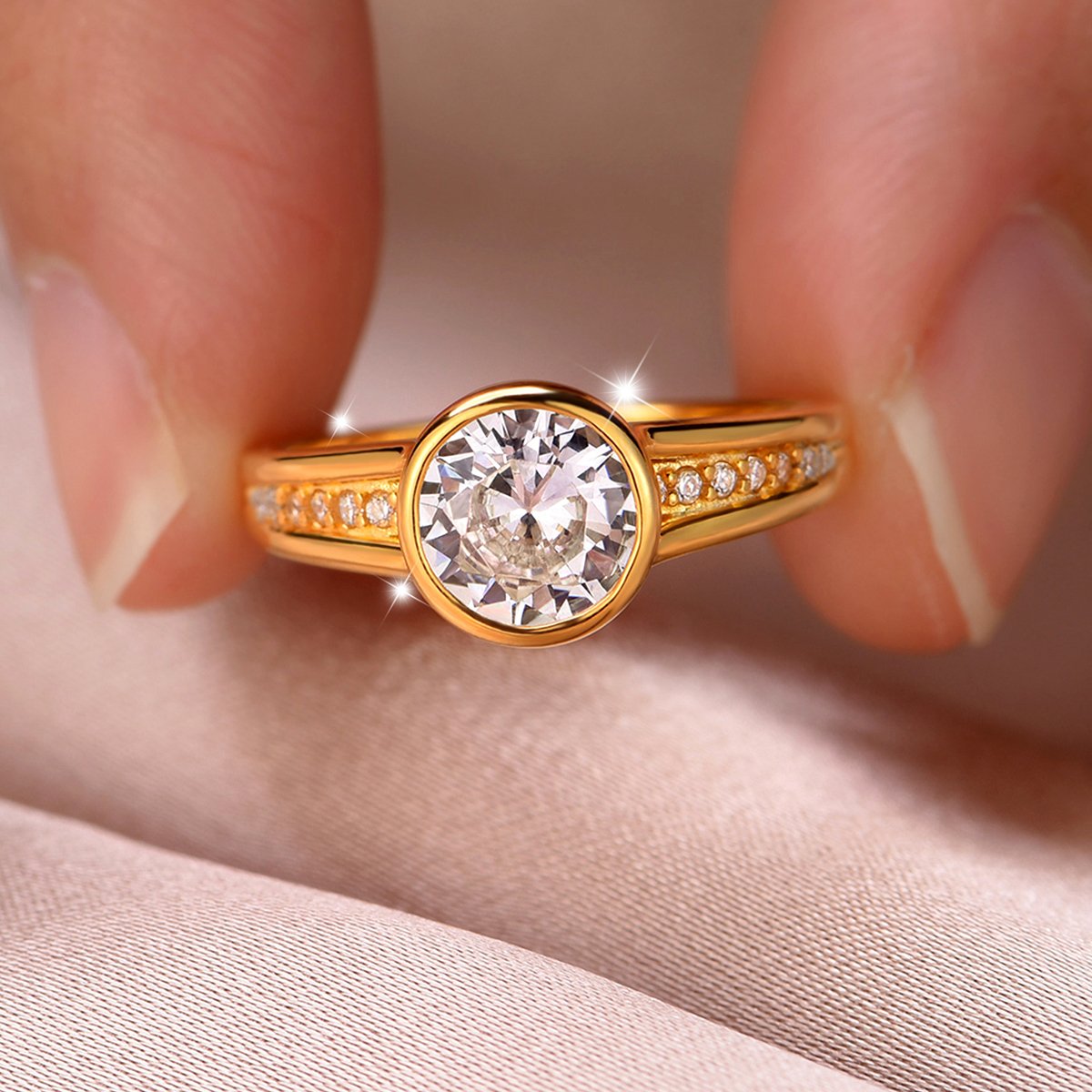 1.2ct Round Moissanite Bezel Ring with Pavé Band - Image 4
