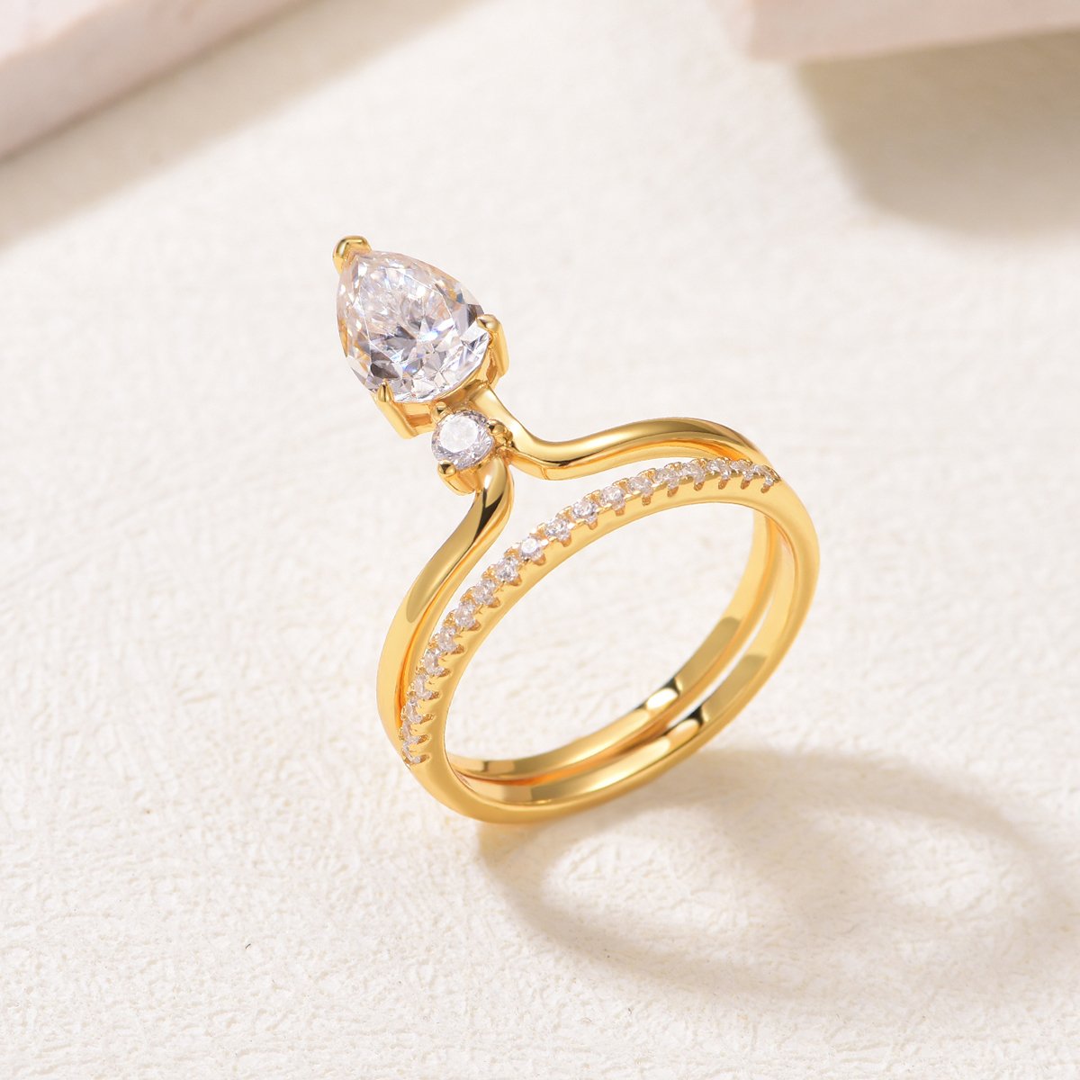 Pear Moissanite Contour Bridal Stacking Ring Set | 1.5ct DEW Pave Band - Image 2