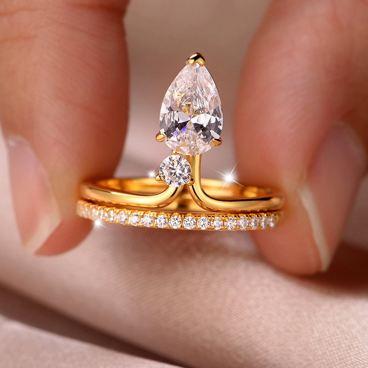 Pear Moissanite Contour Bridal Stacking Ring Set | 1.5ct DEW Pave Band - Image 4