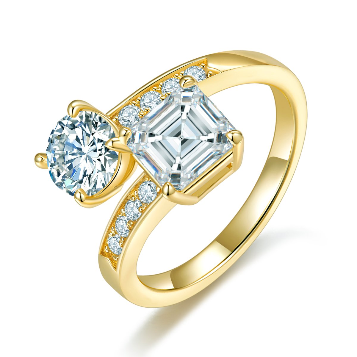 Toi et Moi Moissanite Ring – Round + Asscher 3ct DEW Yellow Gold